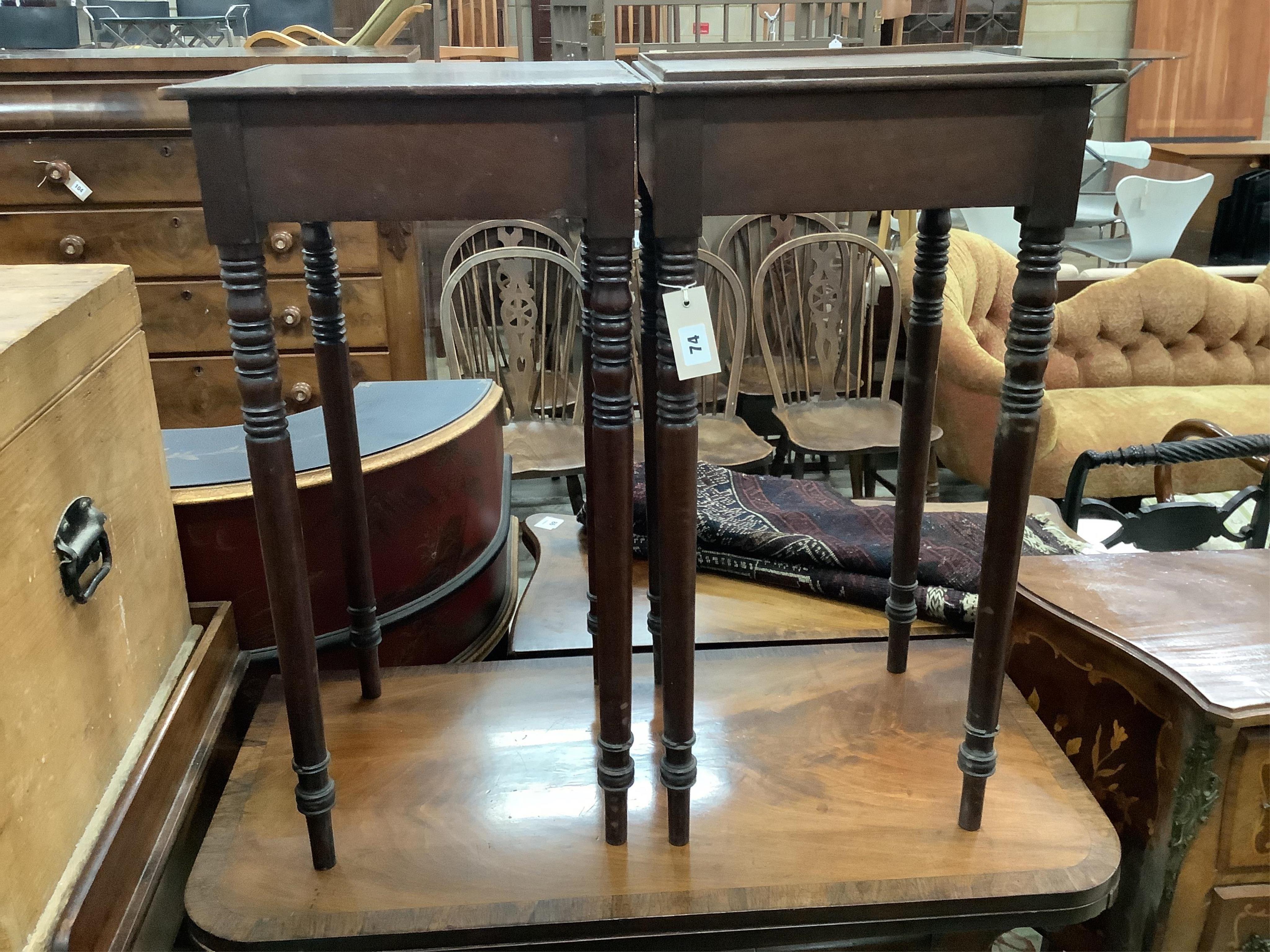 A pair of Regency square mahogany stands, width 35cm, height 72cm. Condition - poor
